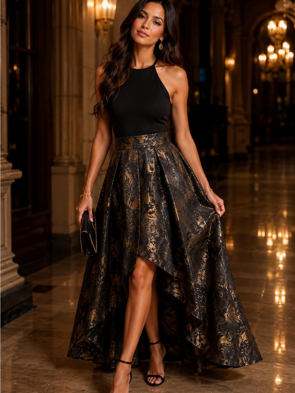 SLNY Couture Dress Black and Gold High-Low Brocade Skirt